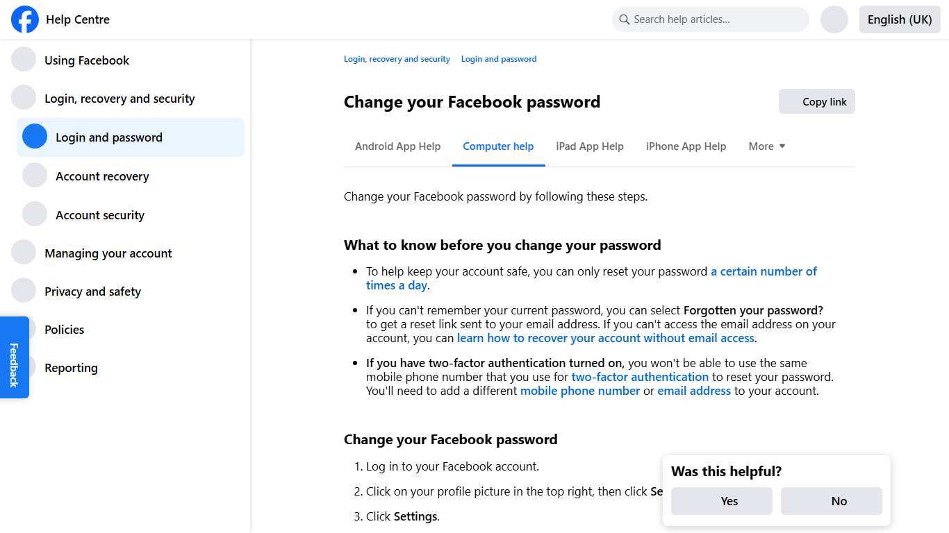 Change your Facebook password Facebook Help Centre